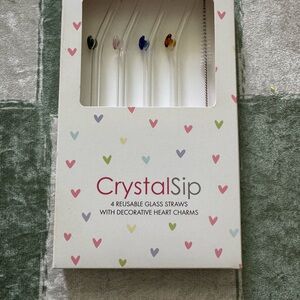 Zodax CrystalSip Straws ~ Glass Straws with Heart Charms + Cleaning Brush